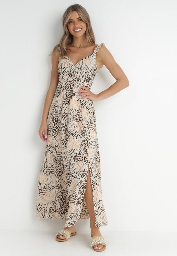 Born2be - Beżowa Sukienka Widforss. Okazja: na ślub cywilny, na wesele. Kolor: beżowy. Długość rękawa: na ramiączkach. Wzór: aplikacja, kropki, kwiaty. Styl: elegancki. Długość: maxi