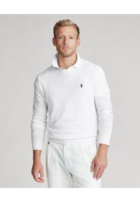 Ralph Lauren - RALPH LAUREN - Biały sweter męski. Typ kołnierza: polo. Kolor: biały. Materiał: len, materiał. Wzór: haft, ze splotem. Styl: klasyczny #1