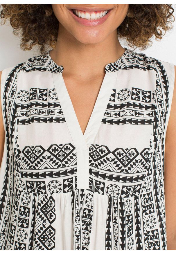 bonprix - Bluzka bez rękawów, z miękkiej wiskozy. Typ kołnierza: typu henley. Kolor: czarny. Materiał: wiskoza. Długość rękawa: bez rękawów. Wzór: nadruk