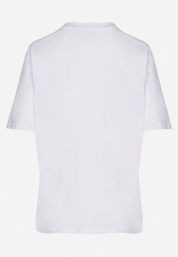 Born2be - Biały Bawełniany T-shirt Ozdobiony Nadrukiem Nartzedi. Okazja: na co dzień. Kolor: biały. Materiał: bawełna. Wzór: aplikacja, nadruk. Styl: casual