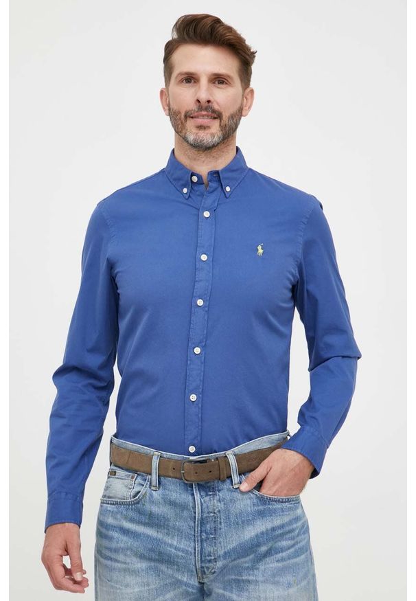 Polo Ralph Lauren koszula bawełniana męska kolor niebieski slim z kołnierzykiem button-down. Okazja: na co dzień. Typ kołnierza: button down, polo. Kolor: niebieski. Materiał: bawełna. Wzór: aplikacja. Styl: casual