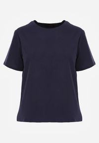 Renee - Granatowy Bawełniany T-shirt Ozdobiony po Bokach Rozcięciami Brinelle. Kolor: niebieski. Materiał: bawełna. Wzór: aplikacja. Sezon: lato. Styl: sportowy, elegancki #6