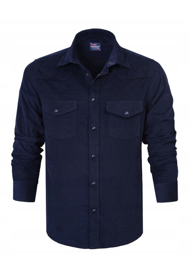 Wygodna Koszula z Delikatnego Sztruksu - Pako Jeans - Granatowa. Okazja: na co dzień. Kolor: niebieski. Materiał: bawełna. Styl: casual