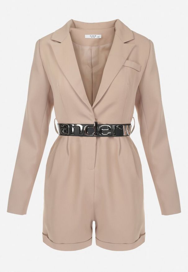 Born2be - Beżowy Kombinezon o Kroju Marynarki z Paskiem Phariso. Okazja: na spotkanie biznesowe, na co dzień. Kolor: beżowy. Materiał: jeans. Długość rękawa: długi rękaw. Długość: długie. Styl: casual, klasyczny, biznesowy, wizytowy