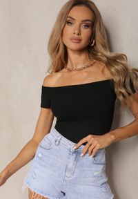 Renee - Czarny Bawełniany T-shirt Top z Hiszpańskim Dekoltem Ertalissa. Okazja: na co dzień. Kolor: czarny. Materiał: bawełna. Długość: krótkie. Sezon: lato. Styl: casual