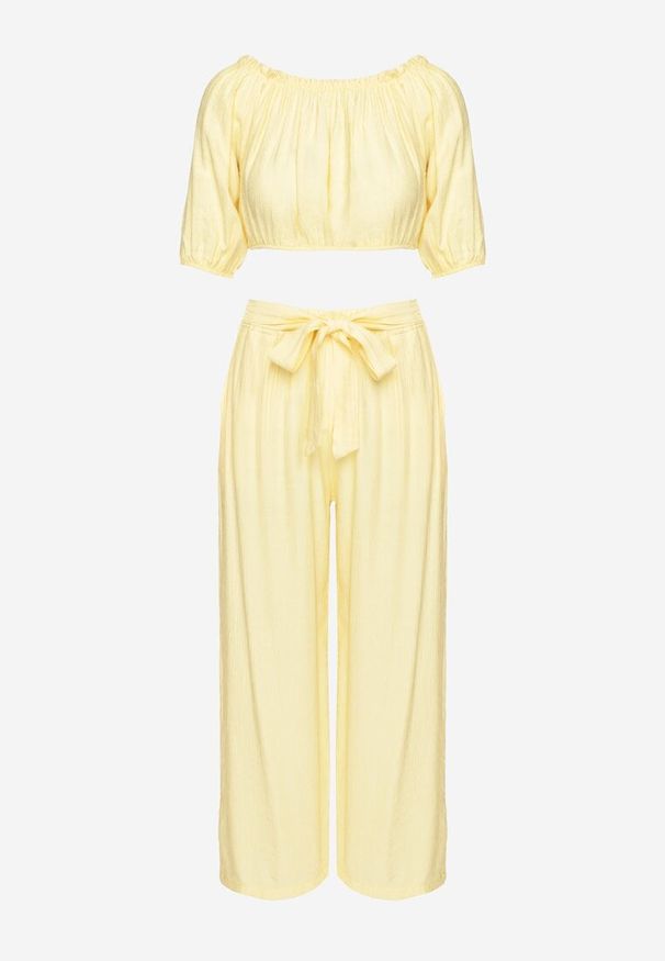 Born2be - Żółty Komplet Szerokie Spodnie i Bluzka z Bufiastymi Rękawami Idasela. Kolor: żółty. Materiał: jeans