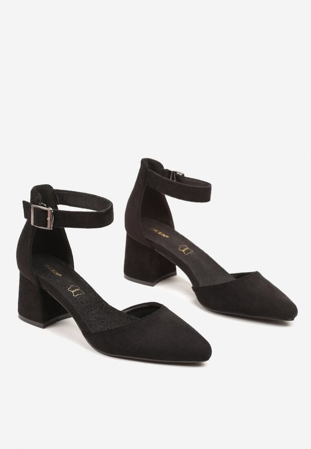 Renee - Czarne Czółenka na Słupku Vices ze Skórzaną Wkładką i Paskiem Wokół Kostki Eveliri. Okazja: na ślub cywilny, na wesele, do pracy. Zapięcie: pasek. Kolor: czarny. Materiał: skóra. Obcas: na słupku