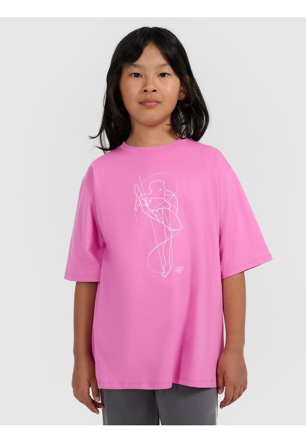 4f - 4F T-shirt oversize z nadrukiem dziewczęcy - różowy 140 (9-10 lat). Kolor: różowy. Materiał: skóra. Wzór: nadruk. Sezon: lato