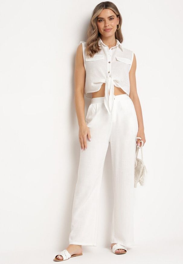 Born2be - Białe Szerokie Proste Spodnie z Wysokim Stanem z Lnem Zapinane na Suwak i Guzik z Wszytą z Tyłu Gumką Azitela. Okazja: na spotkanie biznesowe. Stan: podwyższony. Kolor: biały. Materiał: len. Styl: klasyczny, elegancki, biznesowy