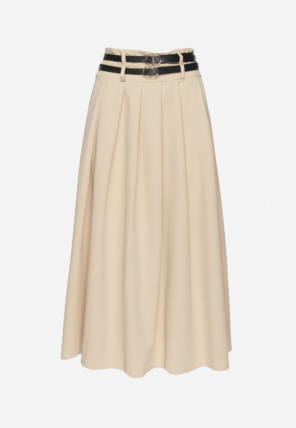 Born2be - Jasnobeżowa Spódnica z Podwójnym Paskiem z Ekoskóry i Szerokimi Plisami Hiritai. Okazja: na imprezę, do pracy. Stan: podwyższony. Kolor: beżowy. Materiał: skóra. Styl: elegancki