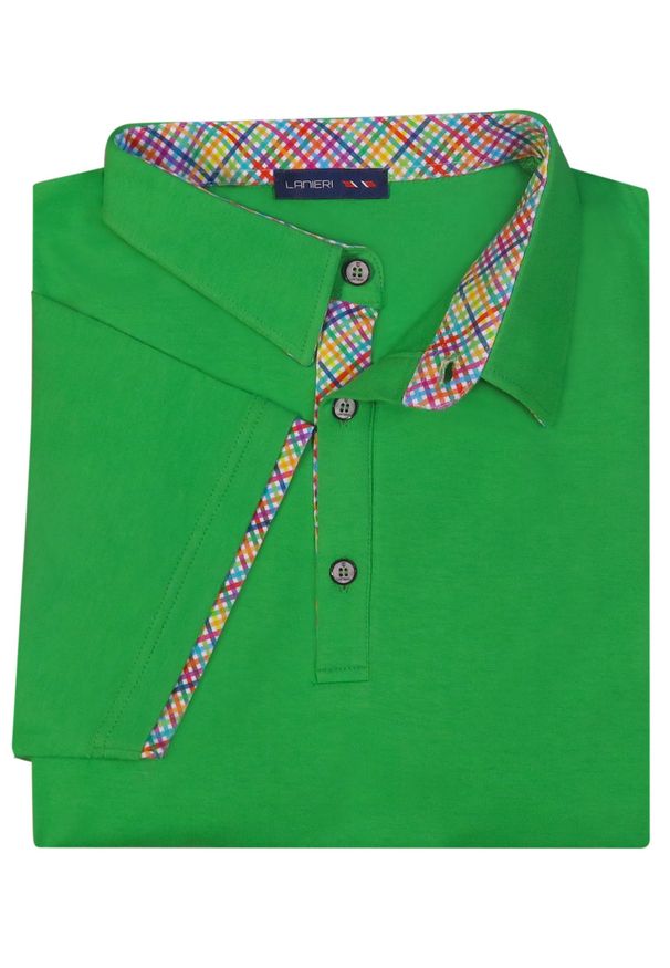Lanieri Fashion - Męska koszulka polo - zielona KP6. Typ kołnierza: polo. Kolor: zielony. Materiał: bawełna, materiał. Długość: krótkie. Wzór: kolorowy, kratka