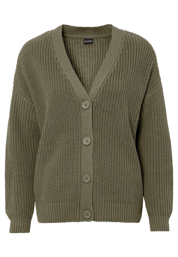 Sweter rozpinany oversize bonprix oliwkowy. Kolor: zielony