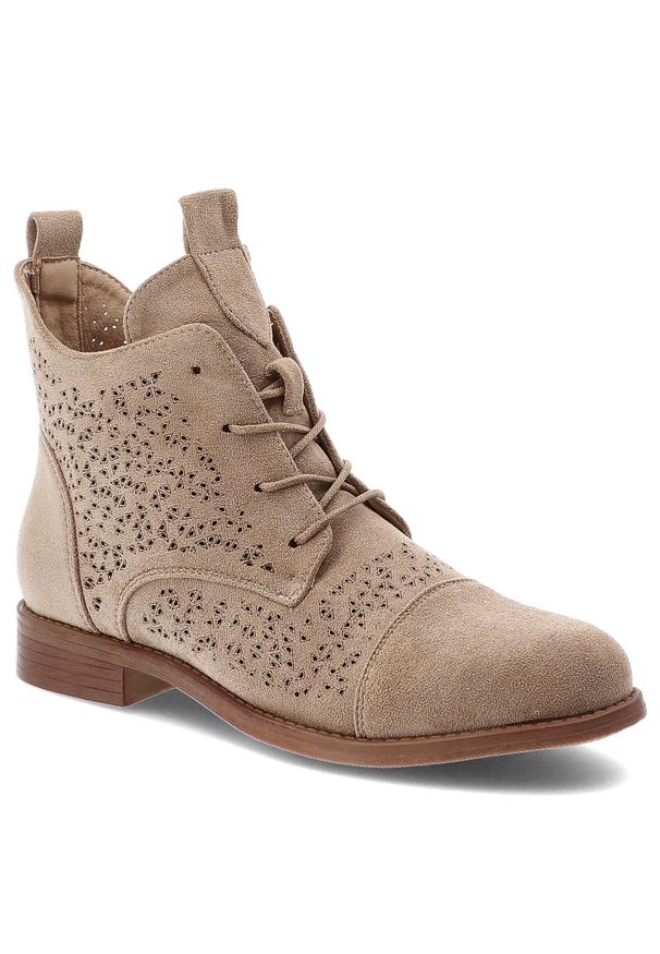 Botki damskie S.Barski, ażurowa cholewka sznurowane stabilny niski obcas wygodna konstrukcja miękka wkładka, beżowe, HY61-8009. Kolor: beżowy. Szerokość cholewki: normalna. Wzór: ażurowy. Obcas: na obcasie. Wysokość obcasa: niski