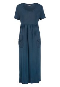 Sukienka midi ze stretchem, z okrągłym dekoltem i krótkim rękawem bonprix ciemnoniebieski. Kolor: niebieski. Długość rękawa: krótki rękaw. Długość: midi #1