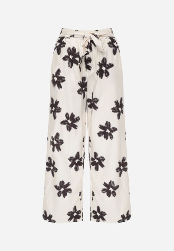 Renee - Czarno-Kremowe Szerokie Spodnie High Waist z Kwiatowym Printem i Wiązanym Paskiem Oramare. Okazja: na co dzień. Stan: podwyższony. Kolor: czarny. Długość: krótkie. Wzór: nadruk, kwiaty. Styl: boho, casual