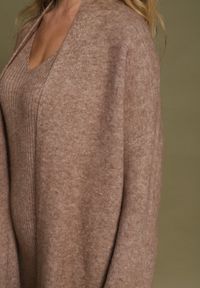 Born2be - Ciemnobeżowy Komplet Dzianinowy z Wełną Długi Kardigan i Sukienka w Prążki Falandrea. Kolor: beżowy. Materiał: dzianina, wełna. Wzór: prążki #4