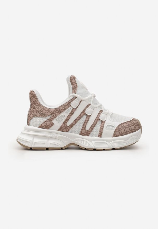 Renee - Ciemnobeżowe Sneakersy Ozdobione Tłoczeniem i Wstawkami Keladavia. Kolor: beżowy. Materiał: jeans. Wzór: aplikacja