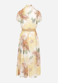 Born2be - Żółta Sukienka o Rozkloszowanym Kroju z Wiązaniem przy Dekolcie i Paskiem Sorilina. Okazja: na co dzień. Kolor: żółty. Długość rękawa: krótki rękaw. Wzór: kwiaty. Styl: casual, elegancki #3