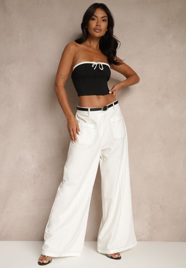 Renee - Białe Szerokie Spodnie High Waist z Wiskozą z Ozdobnymi Przeszyciami Linadia. Okazja: na co dzień. Stan: podwyższony. Kolor: biały. Materiał: wiskoza. Wzór: aplikacja. Styl: casual, elegancki
