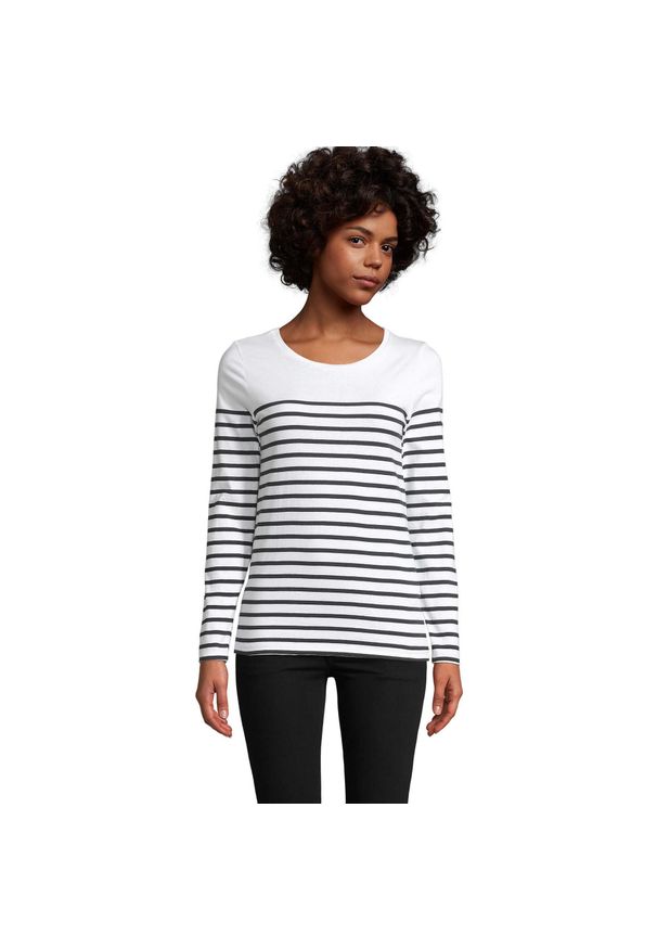 SOL'S - Damska Koszulka Z Długim Rękawem Matelot W Paski. Kolor: biały. Długość rękawa: długi rękaw. Długość: długie. Wzór: paski. Sport: turystyka piesza