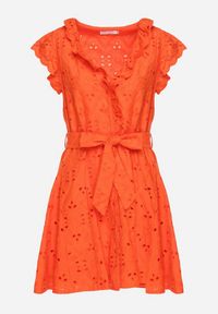 Born2be - Pomarańczowa Ażurowa Rozkloszowana Sukienka z Bawełny na Guziki Caldea. Kolor: pomarańczowy. Materiał: bawełna. Długość rękawa: krótki rękaw. Wzór: ażurowy. Styl: klasyczny, elegancki #6