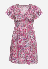 Born2be - Fuksjowa Wiskozowa Sukienka Rozkloszowana z Kopertowym Dekoltem i Gumką w Pasie Fasemia. Okazja: na co dzień, na randkę. Typ kołnierza: dekolt w serek. Kolor: różowy. Materiał: wiskoza. Wzór: paisley. Sezon: lato. Typ sukienki: kopertowe. Styl: casual #7