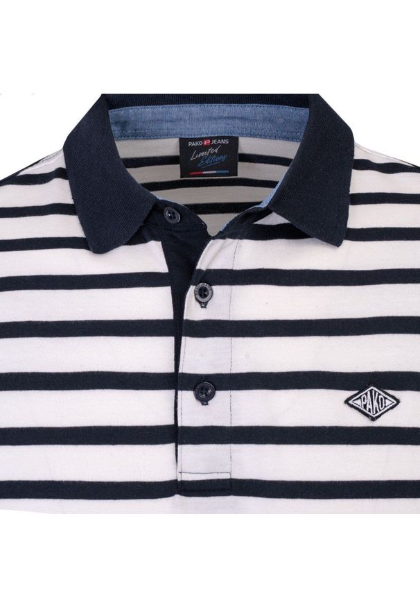 Koszulka Polo - Męska - Pako Jeans - Biała w Granatowy Prążek. Okazja: na co dzień. Typ kołnierza: polo. Kolor: niebieski. Materiał: bawełna. Wzór: paski, prążki. Styl: casual