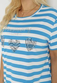 Born2be - Niebieski T-shirt w Paski w Marynarskim Stylu Darlenis. Kolor: niebieski. Wzór: paski