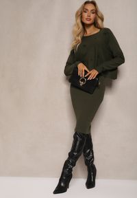 Renee - Zielony Dzianinowy Komplet z Wiskozą Sukienka o Dopasowanym Kroju i Sweter z Cyrkoniami Norathra. Kolor: zielony. Materiał: dzianina, wiskoza. Wzór: aplikacja