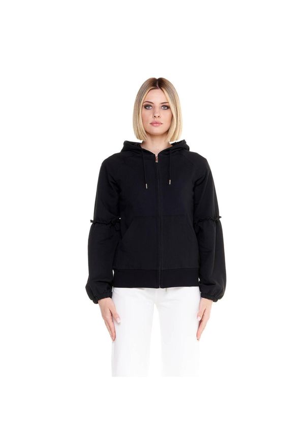 LEONE 1947 APPAREL - Błyszcząca damska bluza z kapturem zapinana na zamek. Typ kołnierza: kaptur. Kolor: czarny. Materiał: tkanina. Sport: fitness