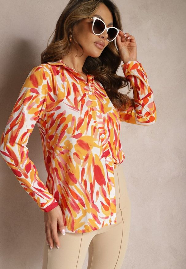 Renee - Pomarańczowa Koszula z Printem w Malarskim Stylu Teagania. Kolor: pomarańczowy. Wzór: nadruk