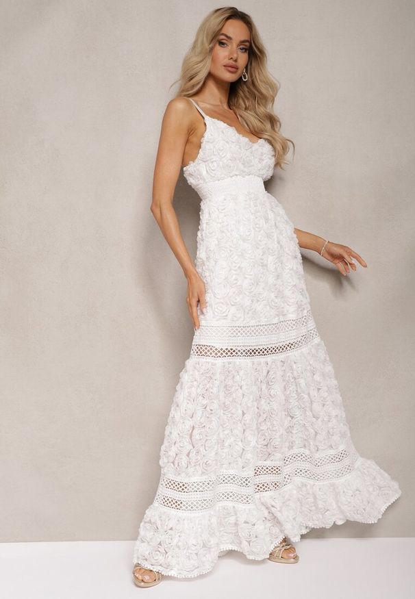 Renee - Biała Sukienka Koktajlowa z Motywem Kwiatów na Regulowanych Ramiączkach z Gumką w Talii Navitha. Okazja: na co dzień. Typ kołnierza: dekolt w serek. Kolor: biały. Długość rękawa: na ramiączkach. Wzór: kwiaty. Typ sukienki: proste. Styl: wizytowy