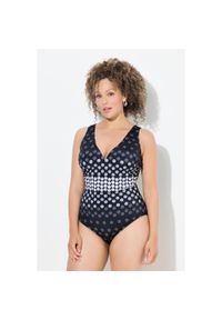 ULLA POPKEN - Damskie Strój kąpielowy kropki miękkie miseczki dekolt w serek z recyklingu. Kolekcja: plus size. Kolor: czarny. Materiał: poliamid, materiał, elastan. Wzór: kropki #1