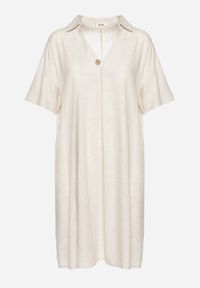 Born2be - Beżowa Pudełkowa Sukienka z Bawełny z Podwijanymi Rękawami Carinea. Okazja: na co dzień, do pracy, na spotkanie biznesowe. Typ kołnierza: dekolt w serek. Kolor: beżowy. Materiał: bawełna. Styl: biznesowy, klasyczny, casual, elegancki #7