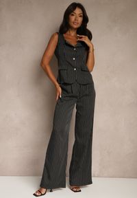 Renee - Czarny Komplet w Garniturowym Stylu Spodnie Wide Leg i Kamizelka Onirette. Kolor: czarny