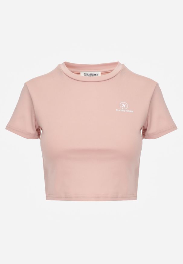 Renee - Różowy Basicowy T-shirt w Stylu Cropped z Subtelnym Nadrukiem Loraera. Okazja: na co dzień. Kolor: różowy. Materiał: jeans. Długość: krótkie. Wzór: nadruk. Styl: elegancki, sportowy, casual