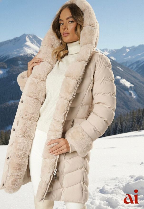 Renee - Jasnobeżowa Kurtka z Pikowanymi Przeszyciami Mocno Ocieplana z Paskiem i Odpinanym Futerkiem Hedista. Okazja: na co dzień. Kolor: beżowy. Materiał: futro. Styl: casual, elegancki