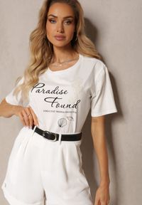 Renee - Biały Casualowy T-shirt z Bawełny z Nadrukiem i Perełkami Biolexa. Okazja: na co dzień. Kolor: biały. Materiał: bawełna. Wzór: nadruk. Styl: casual #3