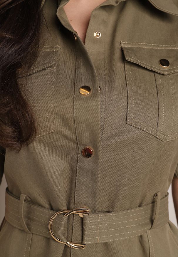 Born2be - Zielona Sukienka Koszulowa w stylu Safari z Paskiem Risielle. Okazja: do pracy, na co dzień, na spotkanie biznesowe. Kolor: zielony. Typ sukienki: koszulowe. Styl: elegancki, biznesowy, casual