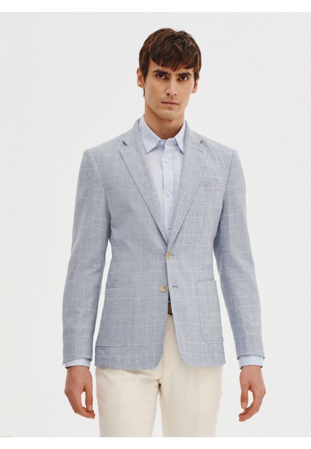 Pako Lorente - PAKO LORENTE – Niebieska marynarka z lnu w kratkę. Okazja: na co dzień. Kolor: niebieski. Materiał: len. Wzór: kratka. Sezon: wiosna. Styl: casual