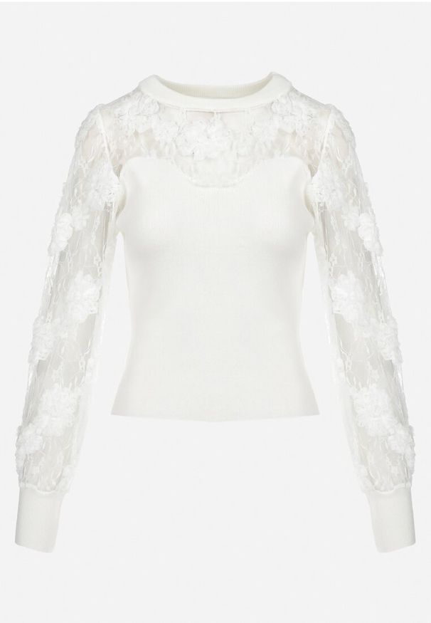 Born2be - Biała Bluzka ze Wstawkami z Ozdobnej Siateczki Hisho. Okazja: na co dzień. Kolor: biały. Materiał: tkanina, materiał, koronka, jeans, wiskoza. Długość rękawa: długi rękaw. Długość: długie. Wzór: koronka, kwiaty. Sezon: wiosna, lato. Styl: casual, elegancki