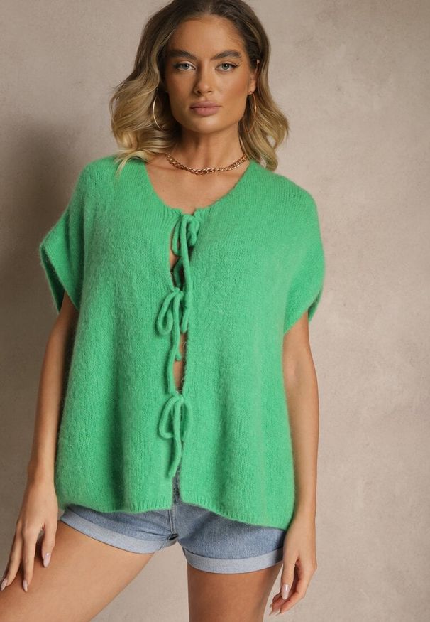 Renee - Zielona Narzutka Kamizelka Wiązana z Przodu z Domieszką Moheru Vikelira. Okazja: na co dzień. Kolor: zielony. Materiał: moher. Styl: casual, elegancki