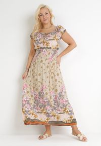 Born2be - Beżowa Sukienka Maxi Hiszpanka z Gumkami w Talii z Bawełny Doreyana. Typ kołnierza: dekolt hiszpanka. Kolor: beżowy. Materiał: bawełna. Sezon: lato, wiosna. Długość: maxi #4