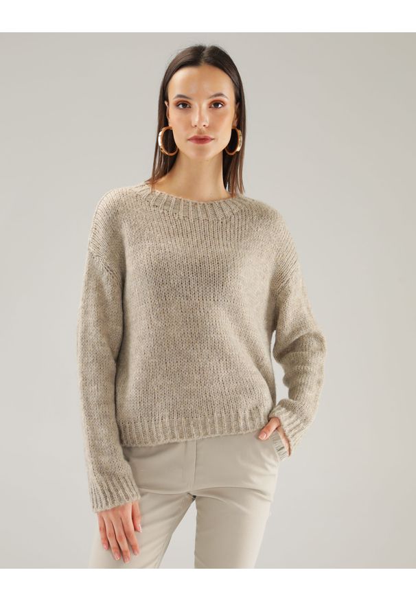 Unisono - GŁADKI SWETER Z WEŁNĄ 8-M1034 BEIGE. Materiał: wełna. Wzór: gładki