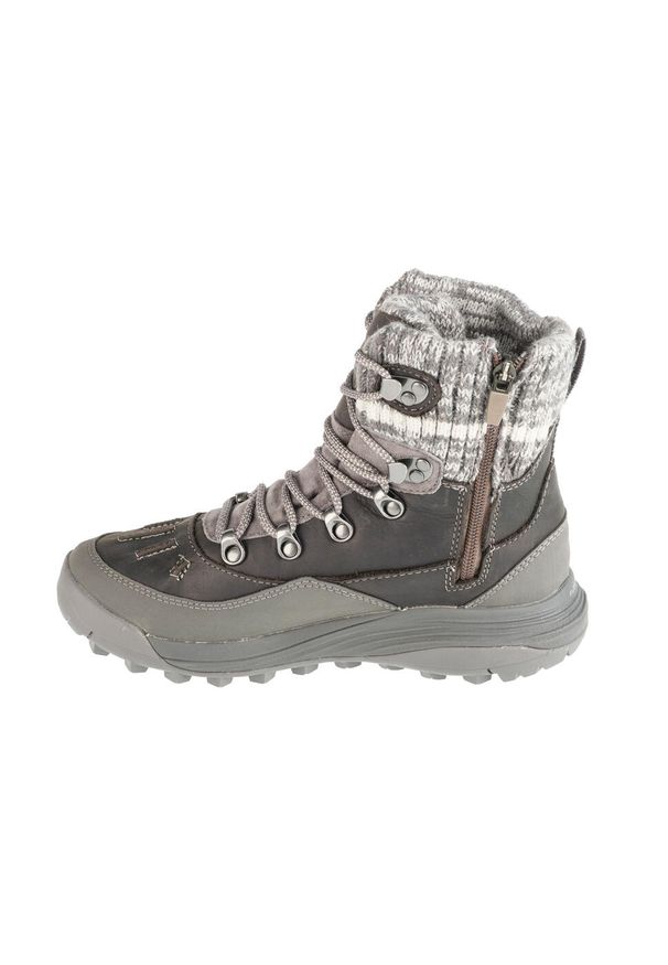 Merrell - Buty trekkingowe damskie, Siren 4 Thermo Mid Zip WP. Wysokość cholewki: za kostkę. Zapięcie: sznurówki. Kolor: szary. Materiał: guma, skóra, syntetyk, materiał, tkanina. Szerokość cholewki: normalna. Sport: turystyka piesza