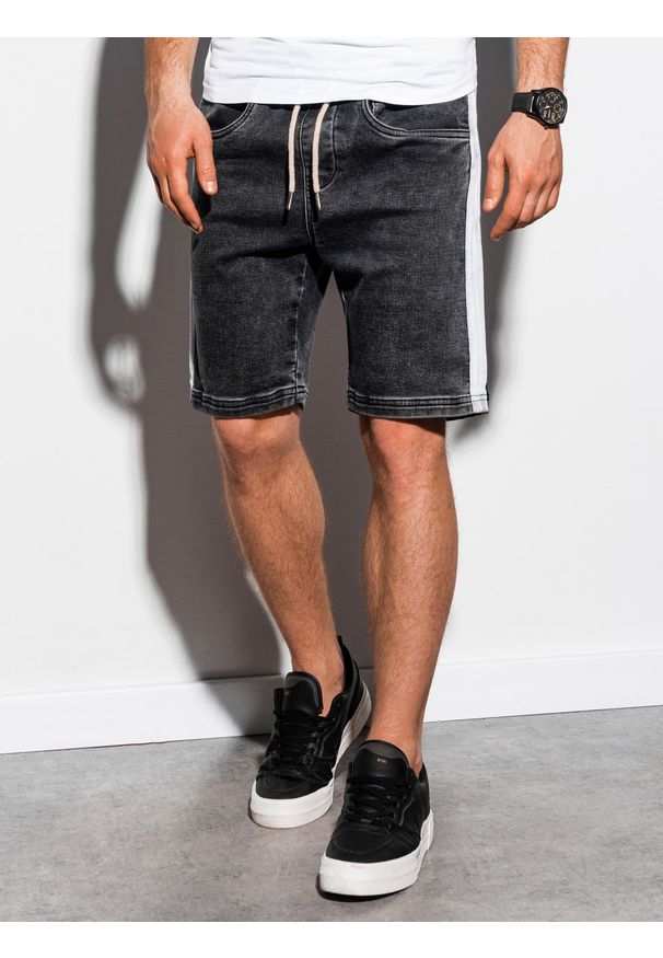 Ombre Clothing - Krótkie spodenki męskie jeansowe W221 - czarne - XL. Okazja: na co dzień. Kolor: czarny. Materiał: jeans. Długość: krótkie. Wzór: aplikacja, kolorowy. Sezon: lato. Styl: casual, klasyczny