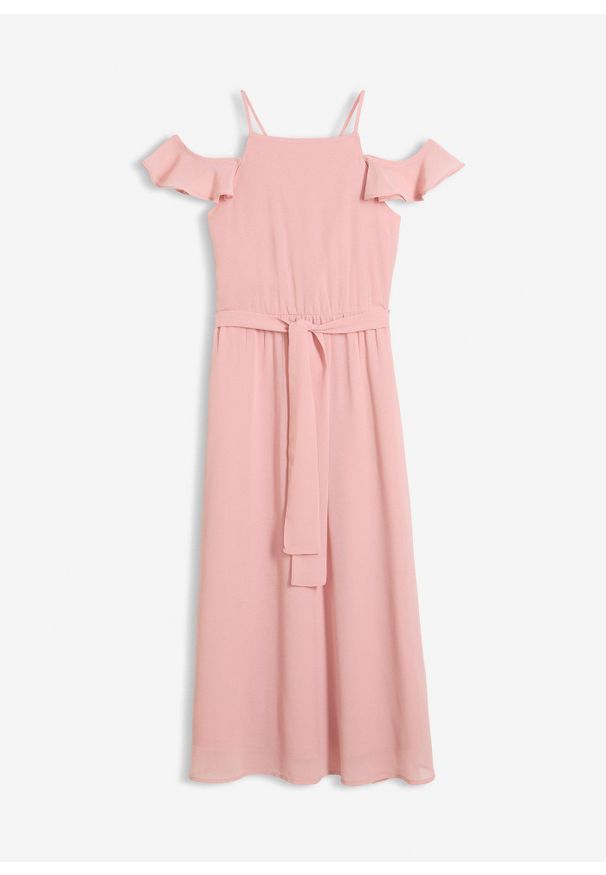 bonprix - Rozkloszowana sukienka z szyfonu. Typ kołnierza: typu carmen. Kolor: różowy. Materiał: szyfon. Długość rękawa: na ramiączkach. Sezon: lato. Styl: elegancki. Długość: maxi