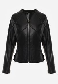 Renee - Czarna Taliowana Kurtka Biker z Dekoltem Crew Neck Ozdobiona Przeszyciami Nelithaen. Kolor: czarny. Materiał: poliester, jeans. Wzór: aplikacja #7