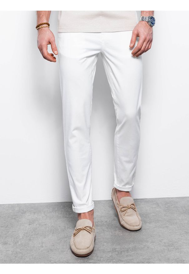 Ombre Clothing - Spodnie męskie chino - białe V5 - Rozmiar: M. Kolor: biały. Materiał: elastan, bawełna