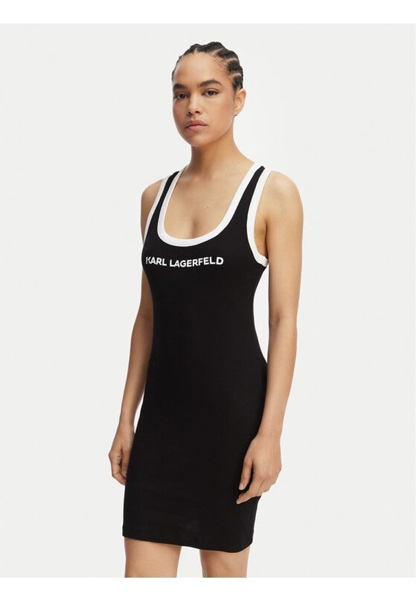 Karl Lagerfeld - KARL LAGERFELD Sukienka codzienna B2W46087 Czarny Slim Fit. Okazja: na co dzień. Typ kołnierza: dekolt w karo. Kolor: czarny. Materiał: bawełna. Typ sukienki: proste. Styl: casual